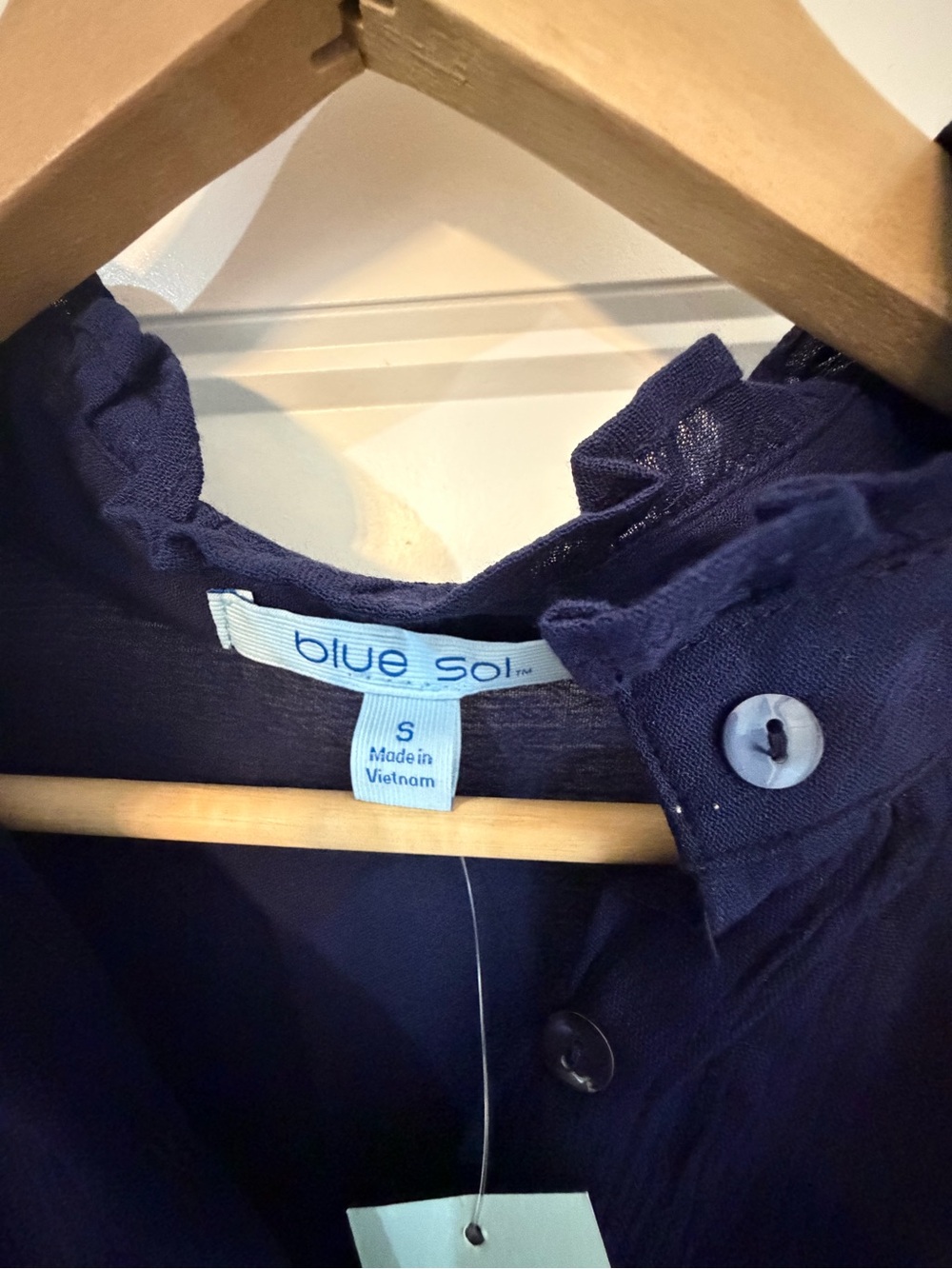 Navy Button-Front Ruffle-Trim Blouse - Picture 3 of 3